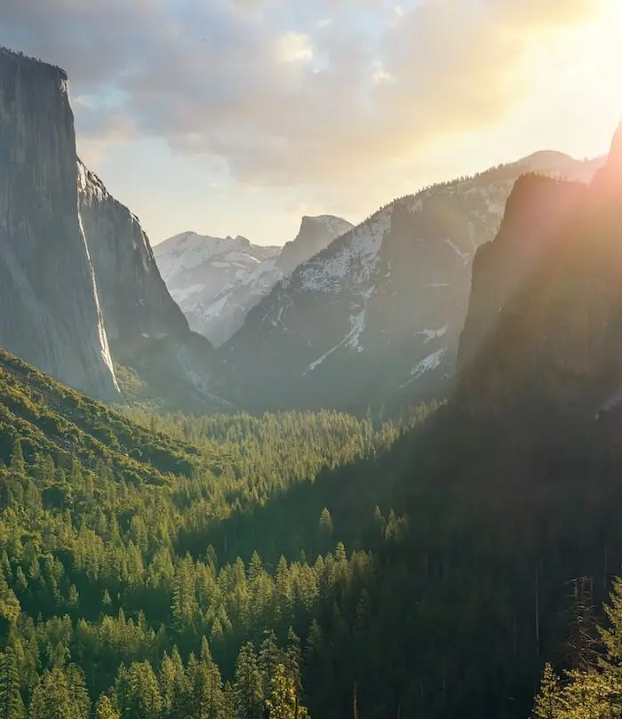 Sunlit mountain valley landscape