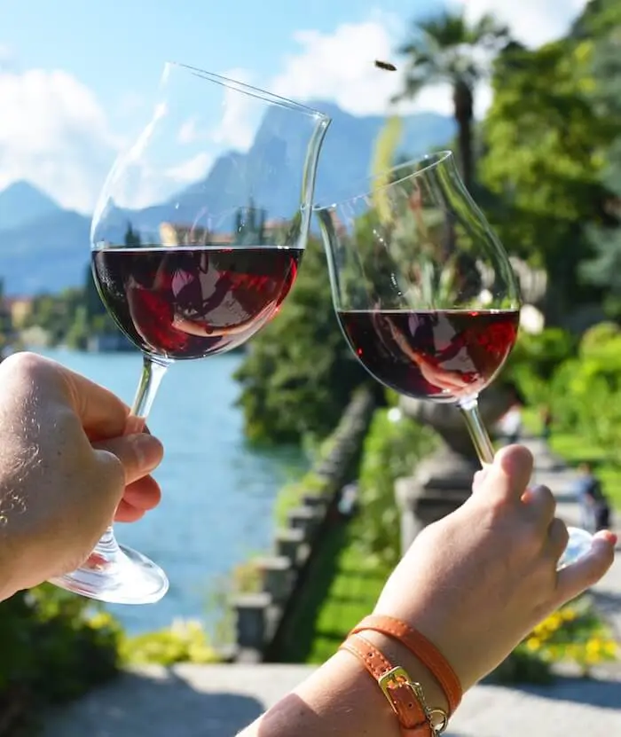 Wine glasses toasting by lake