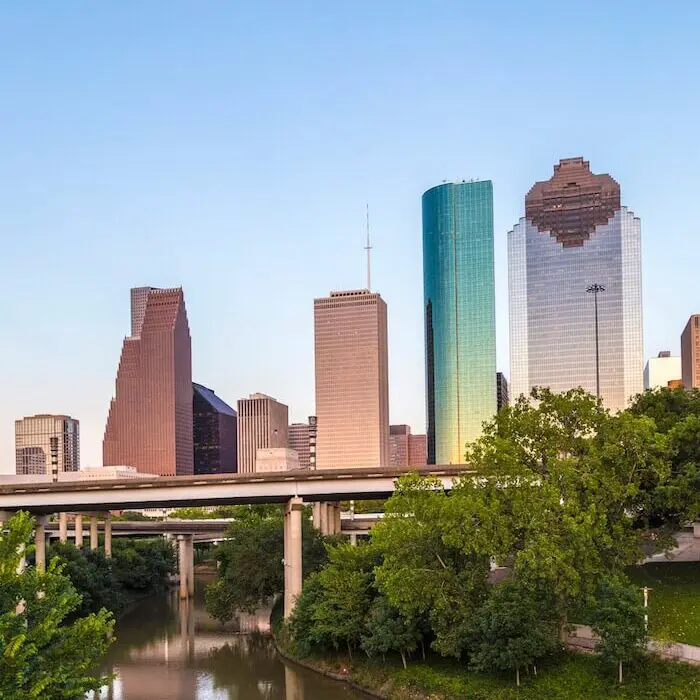 Houston skyline with greenery waterways