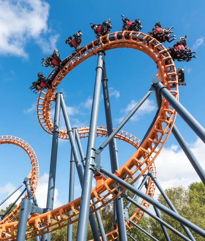 Rollercoaster loops under blue sky