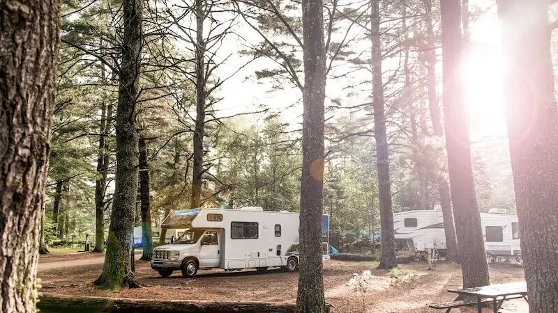 RV parked in forest campground